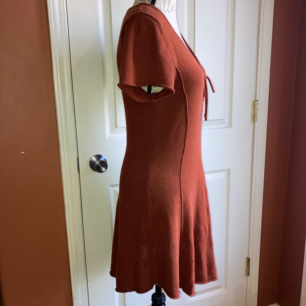 Knit Rust Orange Short Sleeve Keyhole Skater Style Autumn Fall Dress Large - Picture 2 of 7